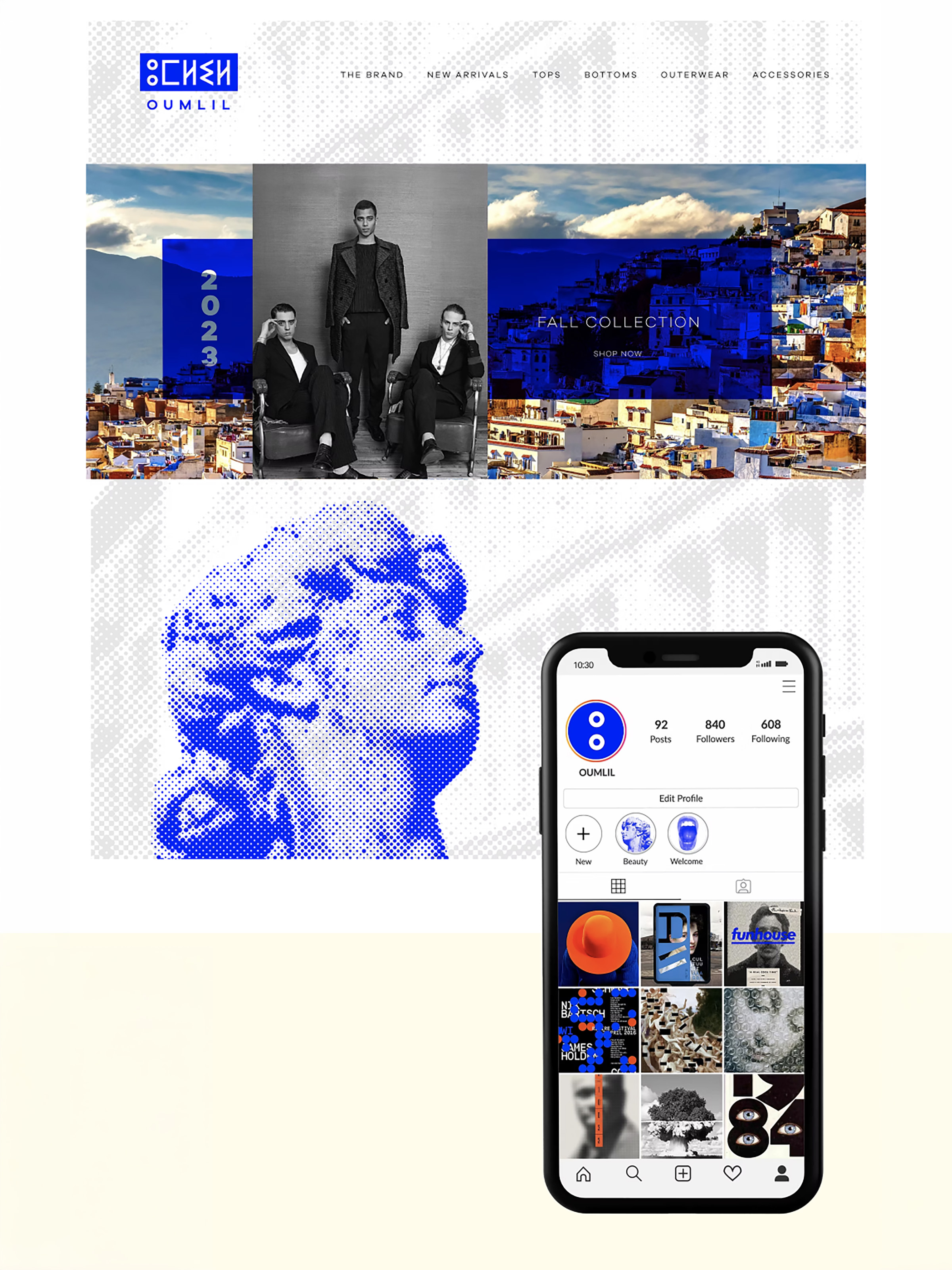 Oumlil digital ecosystem — website, halftone portraiture, Instagram